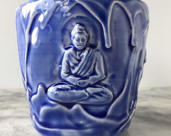 Buddha Cup Glazed Blue Porcelain Art Vessel, Bas Relief Sculpture Cup Fluid Texture Drips Yunomi
