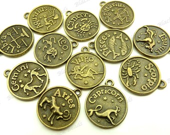 Set of 12 Zodiac Charms ( Double Sided ) Antique Bronze Tone Metal - Jewelry Supplies, Findings - BA5