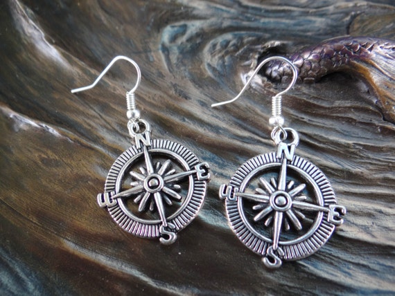 North South East West AHOY Compass Captain Captain's Rockabilly Mermaid Sailor Sailor's Nautical Travel Gift Antique Silver Dangle Earrings