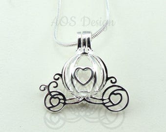 Cinderella Carriage Pearl Cage Heart Silver Plated Charm Necklace Pick A Pearl or Wish Pearl Epcot Pumpkin Locket