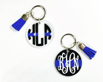 Blue Line Monogram Keychain with Tassel- Thin Blue Line Keychain- Back the Blue Keychain- Red Line Monogrammed Keychain- Police-Firefighters