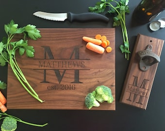Personalized Cutting Board AND Bottle Opener Set Bridal Shower Gift Wedding Present Christmas (Item Number EEBB210)
