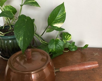 Vintage Copper Pot with Lid and Wooden Handle Portugal