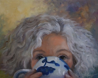 Custom Coffee Portrait Painting, Original Oil on Canvas of You by Me, Cheri Wollenberg