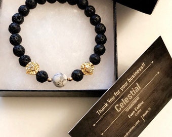 Handmade lava rock bead bracelet with gold lion head!