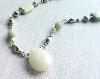 White Jade Necklace / Bead Necklace / Jade Jewelry / Silver and Bead Necklace / Stone Bead Necklace
