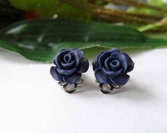 Navy Rose Flower Clip on Earrings, Girls Earrings, Girls Clip on earrings, flower Earrings,Girls Birthday Gift, girls clip on earrings