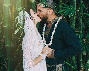 The "White Wedding" Hooded Lace Bridal Cape with Tassel Trim by Opal Moon Designs (Ready-Made)