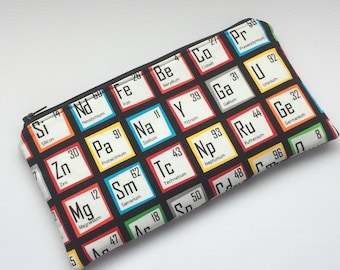 Science/chemistry/periodic table pencil case, fully lined with atomic fabric - gift for Chemistry student/teacher - handmade in Cornwall