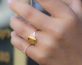 Citrine Baguette Gold ring, Citrine Ring, Baguette Ring, Citrine Gold Ring, Gold Citrine Ring, White Sapphire Ring, Citrine and Sapphire