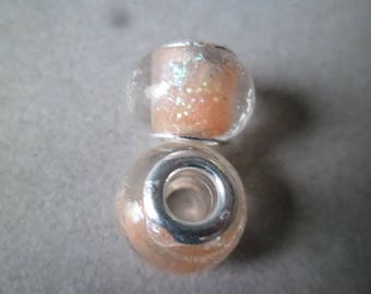x 2 metal glittery gold lampwork glass beads silver 10 x 14 mm