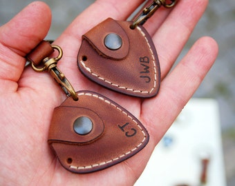 Personalized leather guitar pick holder with Initials and keychain - fathers day gift