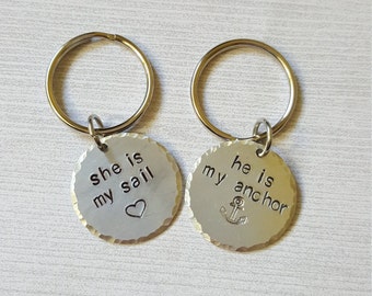Hand Stamped Couple Key Chains, She Is My Sail, He Is My Anchor, Boyfriend Girlfriend Gift, Matching Key Chains, Couples Gift, Keychain Set