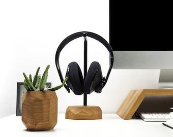 Headphone stand - headset stand, wooden headphone holder, headphone hanger, Wood Gift For Him Tech Audio Set Audiphile
