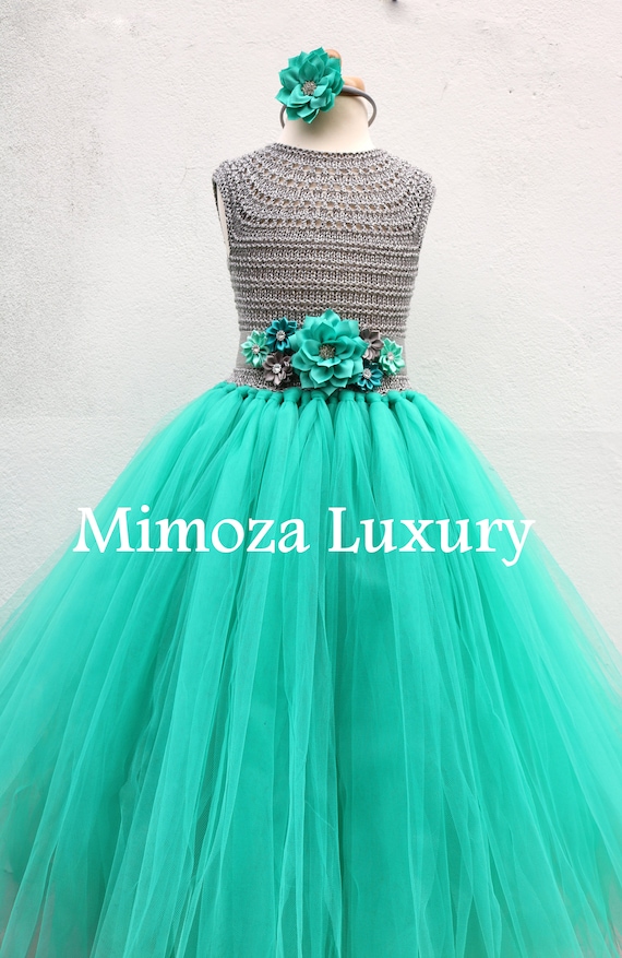 Teal green & Silver Flower girl dress, teal green tutu dress, bridesmaid dress, princess dress, silver crochet top teal green tulle dress