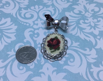 Vintage petit point rose brooch