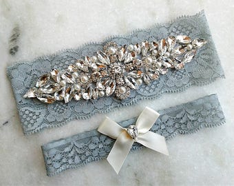 Wedding Garter, Dusty Blue Garter Set, Silver Bridal Garters, Crystal Rhinestone Garter, Light Blue Stretch Lace Garter, Something Blue