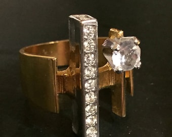 1970s Vintage MODERNISTIC RING 18K HGE Austrian Crystals Huge Ring Size 9.5-10 Headstock New Old Stock Warehouse Find