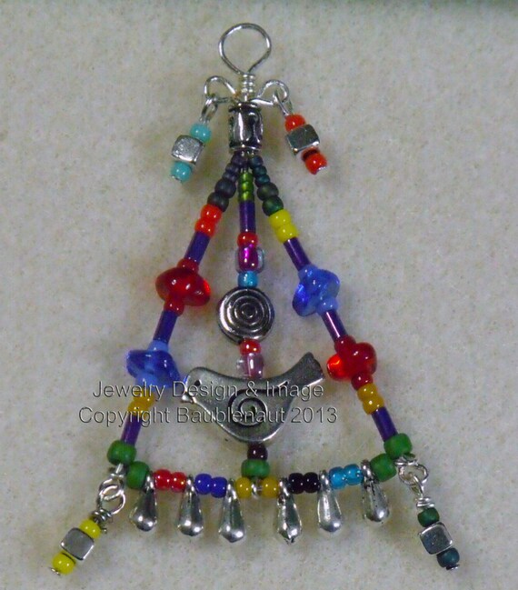 Download Beaded triangle pendant with bird multi-color with silver