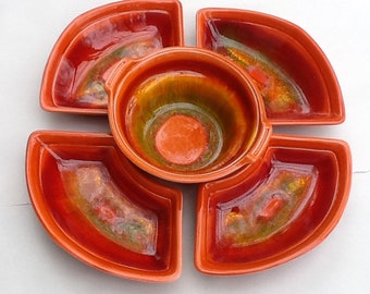 Vintage California Pottery Orange Burst Lazy Susan Dishes and Bowl
