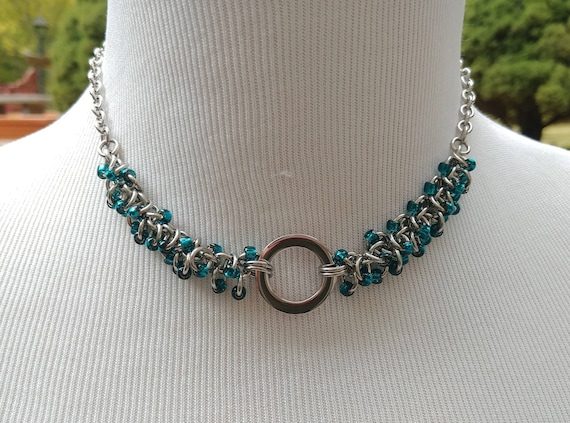 24/7 Wear Discreet Symbolic O Ring Day Collar Necklace, Submissive Slave Collar, DDLG, Stainless Steel with Teal Beaded Shaggy Loops