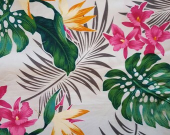 Hawaiian fabric, tropical fabric, orchids, bird of paradise, monstera leaves and ferns, fabric fat quarter