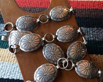 Vintage Sterling Silver Linked Stamped Concho Belt, Harvey era