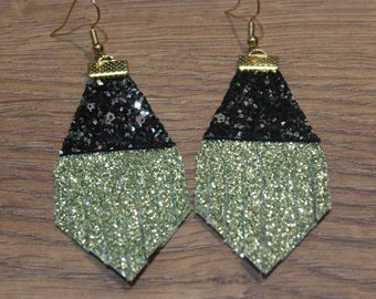 Holiday Titan Leather Earrings - Chartreuse Glitter and Black Glitter