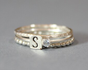 Sterling Silver March Birthstone and Initial Stacking Ring - 2mm Cubic Zirconia Ring - Personalized Set of 3 Stacking Rings
