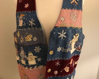 Christmas Blue Jean tacky ugly sweater vest snowmen ice skating M/L