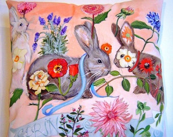 Rabbits in the Flowers Pillow Hand Painted Original Spring Garden Floral Charming Birthday Easter Pillow Accent Baby Nursery Cottage Sampler