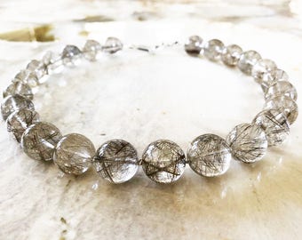 16mm Top Grade Silver Rutilated Tourmalinated Quartz Beaded Necklace with Sterling Silver Clasp - Very Rare One of a Kind