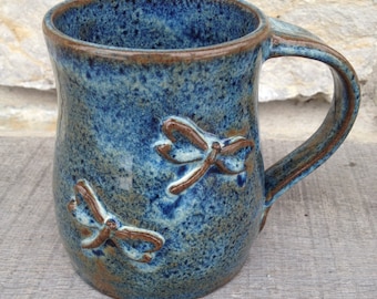 Wheel Thrown Pottery Mug with two Dragonflies - Blue Pottery