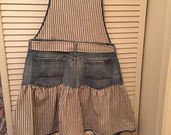 Repurposed /Up-cycled Jeans/Seven for all Mankind/Full Apron/Blue Ticking fabric
