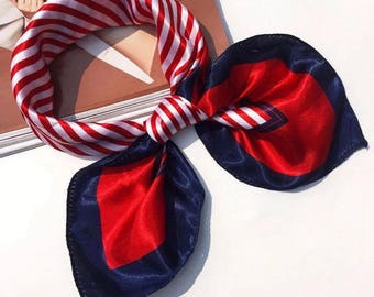 Silk Bandana , Women Neckerchief, Gift For Her, Red White Blue, Square Silk