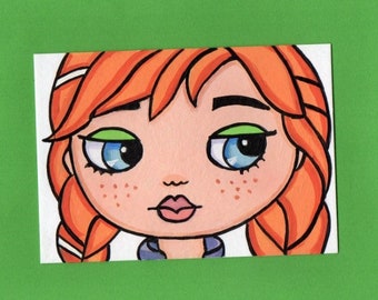 ACEO Original Miniature Painting Blythe doll face Princess Anna Frozen Art Artist Trading Card