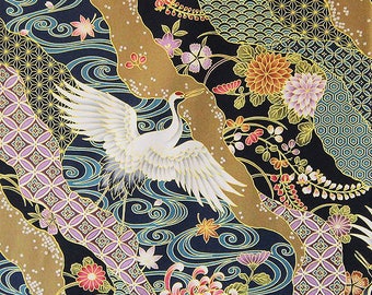 KIMONO COLLECTION - Black Crane Landscape Asian Japanese Fabric (BTY)