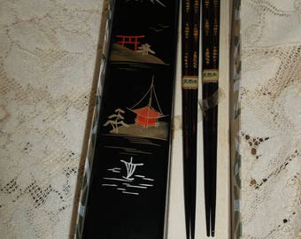 Lacquered Pair of Chopsticks in Lacquered Case Original Box