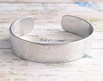 Floral rose embossed silver adjustable cuff bracelet