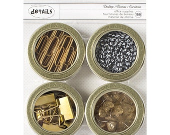 American Crafts Office Supply Set, 4 Round Magnetic Tins, Gold Paper Clips, Gold Binder Clips, Heart Shape Push Pins, Black and White Clips