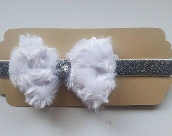 Black or White Faux Fur Bow and Silver Sparkle Headband