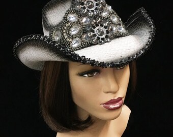 Black and White Straw with Rhinestone Cowgirl Hat