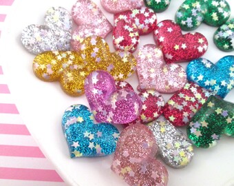 Glitter Heart Resin Cabochons, Cute Bling Cabs, #377