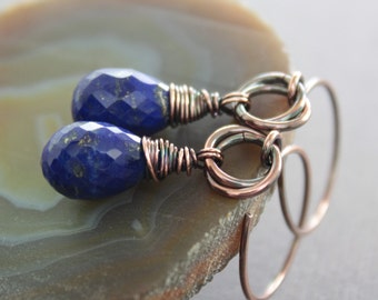 Lapis lazuli copper earrings with indigo blue teardrop stones - Drop earrings - Dangle earrings - Stone earrings - ER065