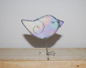Fun 3D Stained Glass Bird Chick with legs Ornament - Iridescent White Lilac Baby Bird Home Decor Suncatcher 3Dimensional Wire Wings