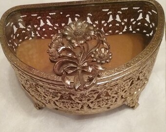 VIintage Demi-Lune Gold Filigree Box