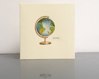 Globe - travel original hand painted watercolour card (4 x 4")