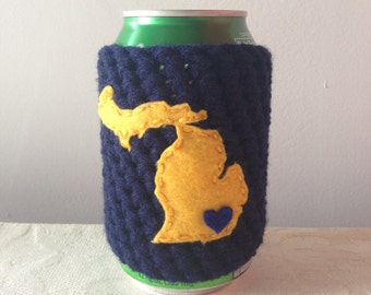 University of Michigan Football | Ann Arbor, Michigan Crochet State Cozy in Maize and Blue, Beer Cozy, Reusable Cup Cozy by Maroozi