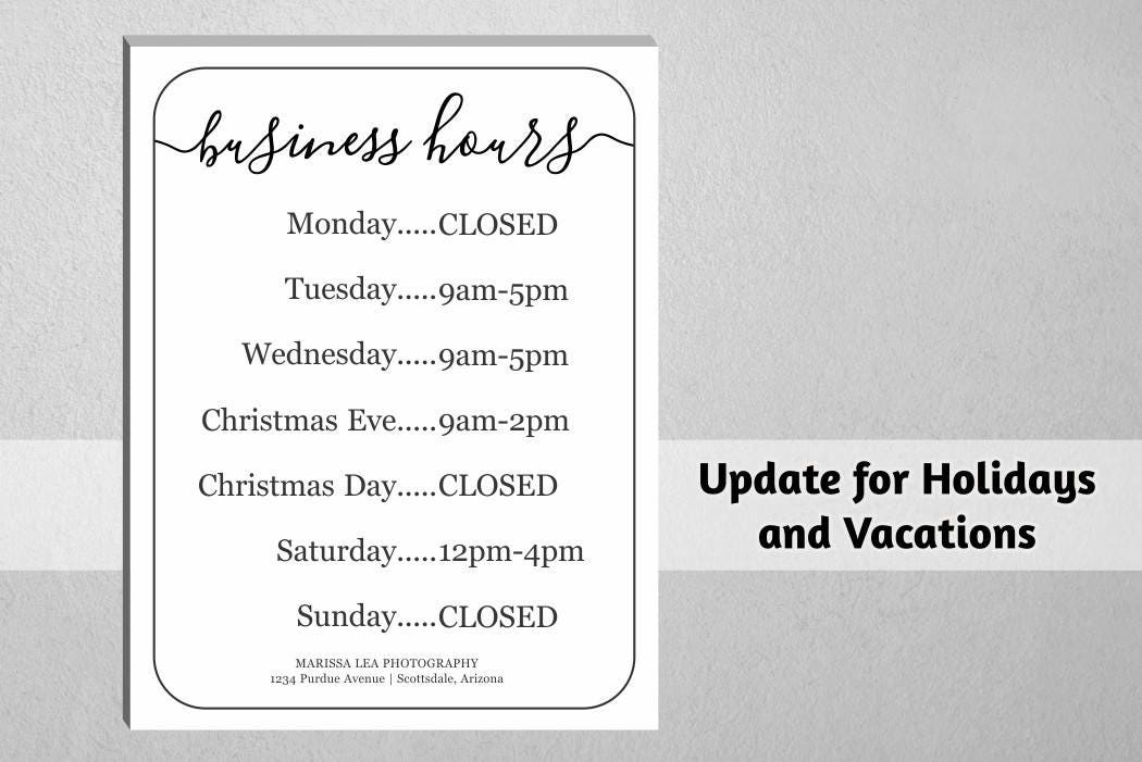 Business Hours Sign, Printable Template, Hours of Operation - Holiday, Office, Store, Open Hours ...