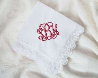 Embroidered Monogrammed Lace Handkerchief, Monogrammed Hankie, Embroidered Hankie, Wedding Hankie, Wedding Handkerchief, Lace Hankie
